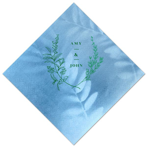 Delight in romance with the Floral Framed Names Napkin, where names bloom within a whimsical wildflower border. Heart-shaped leaves add a tender touch, perfect for enchanting engagements or weddings that celebrate love's natural beauty.