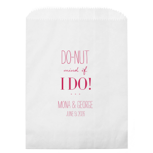 Indulge in playful sweetness with the DO-NUT Mind If I Do! Bag, perfect for gift giving at weddings. This cleverly worded bag features "I DO" in bold, celebrating nuptials, with the couple's names and date adding a personal touch. A delightful, fun way for guests to take a piece of joy home from your special day.