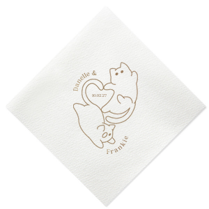 Embrace the warmth of your wedding day with the Cat Tails of Love Wedding Napkin. This endearing design features two cats creating a heart shape, with space to inscribe your event date at the center. Personalize the arc above with the couple's names, adding a whisker of romance to your table setting.