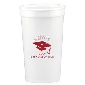 Toast to academic achievements with the Graduation Cap Congrats Cup, where 'Congrats' crowns the iconic tasseled cap. Below, the graduate's name, school, class, and year mark this significant rite of passage, making each sip a tribute to their hard work and success.