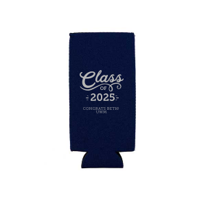 Keep the party cool with the Swirly Graduation Can Cooler. Bursting with energetic swirls and celebratory sparks, this fun design captures the excitement of graduation. The word "Class" is underscored by a swirling flourish, with the graduation year and space for the name and school below. Perfect for toasting the graduate’s big achievement.