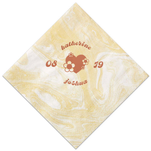 Infuse your wedding with vintage charm using the Retro Floral Heart Wedding Napkin, featuring the couple's names arched around a whimsical heart adorned with retro flowers, flanked by the wedding date. This nostalgic design adds a touch of retro romance to your celebration.