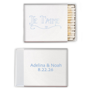 Kindle romance with the Je T'aime Match, whispering 'I love you' in French, adorned with a heartfelt flourish. This matchbox, bearing the couple's names and date, is a tender nod to love with a Parisian touch.