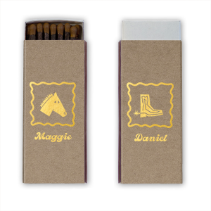 Kick off good times with the Boot Scootin' Matchbox. Perfect for evoking a southwestern hootenanny, the stylish matches are customizable in your choice of colors to best fit your summer time occassions. Order them for your next bridal shower, weekend get away or housewarming party!