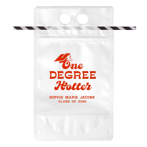 Quench your thirst for celebration with the One Degree Hotter Grad Drink Pouch, featuring a suave graduation cap graphic and the playful statement "One Degree Hotter." Personalize with the graduate's name and year in a retro inspired font for a fun twist on their academic success.