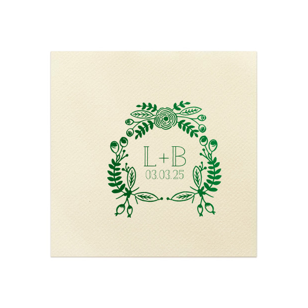 Add a touch of nature’s charm to your special day with the Beautiful Bouquet Wedding Napkin. This hand-drawn floral frame, lush with greenery, beautifully encircles the couple’s initials and event date. Bountiful and beautiful, it’s a celebration of love in full bloom.