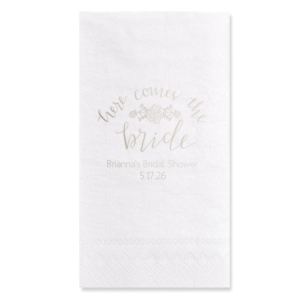 ForYourParty's personalized Marble Sand Cocktail Napkin with Shiny Amethyst Foil Color has a Here Comes the Bride 3 graphic and is good for use in Words themed parties and can't be beat. Showcase your style in every detail of your party's theme!