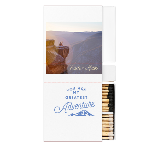 Custom White Classic Custom Photo Matchbox with Matte Ivory Ink Digital Print Colors and Matte Stone Blue Ink Digital Print Colors has a Greatest Adventure graphic and is good for use in Wedding, Travel, Words themed parties and will look fabulous with your unique touch. Your guests will agree!