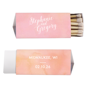 Celebrate love's union with the Wedding Couple Script Matchbox design, where the couple's names are elegantly inscribed in a flowing, sophisticated script. Complemented by a chic, modern backdrop featuring the wedding city and date, it's a perfect match of classic charm and contemporary style.