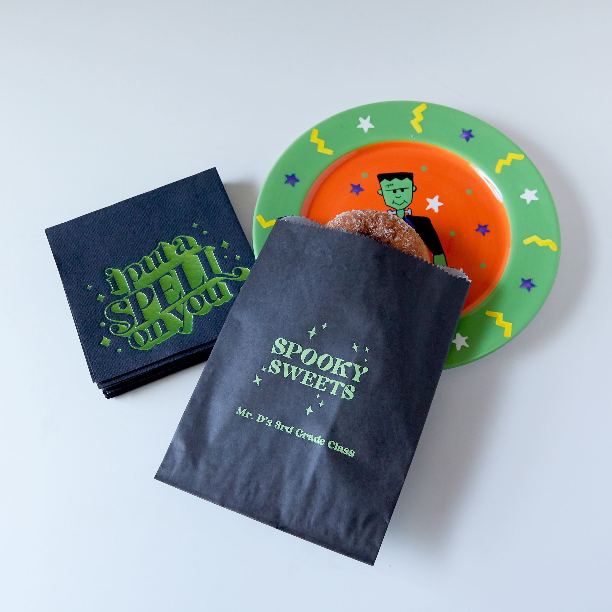 Spooky Sweets Personalized Halloween Bag on paper plate