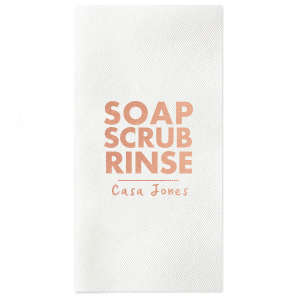 ForYourParty's personalized White Borderless Guest Hand Towel with Shiny Rose Gold Foil will make your guests swoon. Personalize your party's theme today.