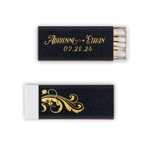 Illuminate your celebration with the Leafy Flourish Wedding Matchbox. One side showcases a sophisticated scrolling leafy design, while the other highlights the newlyweds' names and date, making it an exquisite keepsake. Perfect for adding a touch of elegance to any memorable occasion.