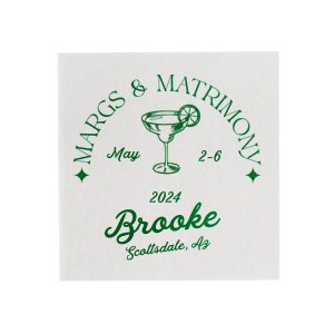 Set the scene for a bachelorette blast with the Margs and Matrimony Bachelorette Party Napkin, customized with the bride-to-be's name in elegant script, and detailed with the party's locale and date. The bold margarita illustration infuses a modern vibe into the festivities.