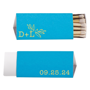 Spark warmth with the Leaf Accent Wedding Match, featuring whimsical hand-drawn leaves for a whimsical botanical touch. Simple initials and the special date adorn this charming matchbox, perfect for sweetening the ambiance of your enchanting wedding day.