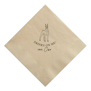 Honor your cherished four-legged family member with the Drinks On Me Dobermann Napkin. This design showcases a majestic Dobermann Pinscher. The playful phrase "Drinks on Me!" coupled with a tender "xoxo" and the dog’s personalized name, reflects the special place this furry friend holds in the family. 