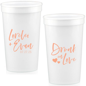 Our custom White 16 oz Stadium Cup with Matte Light Coral Ink has a Hearts 2 graphic and is good for use in Wedding, Hearts themed parties and can be personalized to match your party's exact theme and tempo.