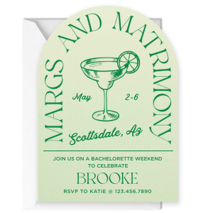 Kick off the festivities with the Margs & Matrimony Bachelorette Party Arch Invitation, personalized for the bride-to-be with vibrant details of the party. The bold, hand-drawn margarita graphic sets the tone for a lively celebration. A modern and audacious choice for a memorable girls' night out.