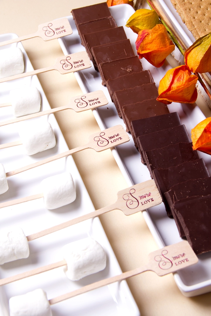S'mores marshmallows and chocolate with personalized food skewer