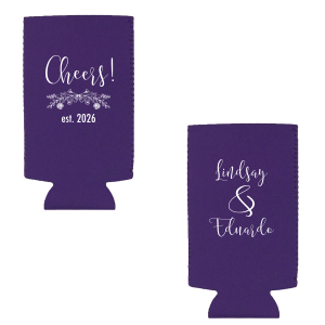 Clink your cans in style with the Cheers to the Bride and Groom Can Cooler where a spirited 'Cheers!' meets a cascade of florals. The establishment year below and names in lively script on the back toast to the newlyweds with a flourish of sophistication