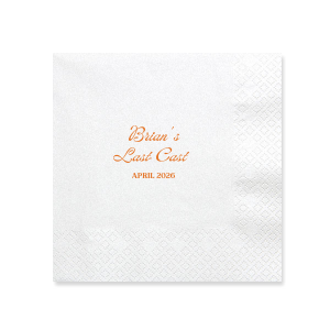 Celebrate the bachelor's final foray into singlehood with the Last Cast Bachelor Party Napkin, featuring the guest of honor's name in a vintage inspired script, the emblematic "Last Cast" phrase, and the event date in a straightforward serif font. A classic touch for a fishing retreat-themed bachelor bash.