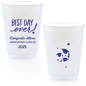 ForYourParty's elegant Matte Light Coral Ink 16 oz Frost Flex Cup with Matte Light Coral Ink Cup Ink Colors has a Best Day Ever graphic and a Caps Thrown graphic and is good for use in Graduation themed parties and can be personalized to match your party's exact theme and tempo.