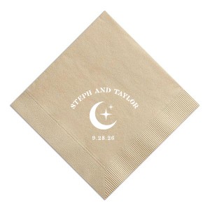 Unite under the stars with the Celestial Love Date Napkin, where the couple's names form an arch over a serene star and moon graphic, complemented by the wedding date in a clean, minimal style. A heavenly detail for your special day.