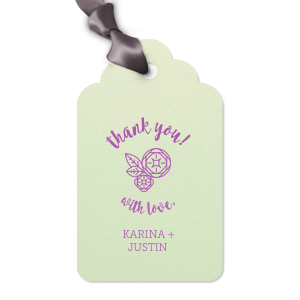 Thank guests for attending your wedding with a small favor tied with a themed gift tag. Personalize our Peony design with your names and date. Keep our Mint paper and Plum foil or choose your own theme colors. 