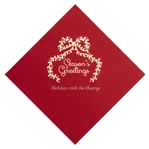 Personalize your party's theme with the Season's Greetings Napkin. The classic seasonal design feature customizable text in a variety of paper and ink colors to best match your impeccable taste, ensuring your holiday event is the year's highlight.