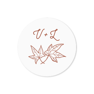 Custom White Small Round Label with Matte Brick Ink Label Print Colors has a Two Leaves graphic and is good for use in Floral, Thanksgiving, Organic themed parties and will add that special attention to detail that cannot be overlooked.