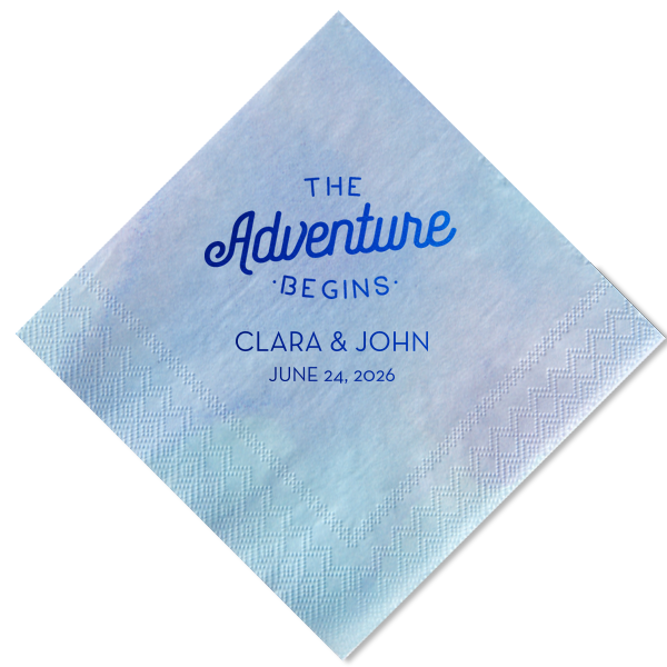 Our beautiful custom White Quick Ink Printed Cocktail Napkin with Matte Teal Ink Digital Print Colors has a The Adventure Begins graphic and is good for use in Wedding, Anniversary themed parties and can't be beat. Showcase your style in every detail of your party's theme!