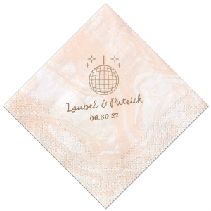 Celebrate your union under the mirrored lights with the Groovy Glitz Wedding Napkin. This festive design features a sparkling disco ball and twinkling sparkles, setting a lively mood. Add a personal touch with the couple's names elegantly scripted above, and the wedding date in a polished serif font below, for a chic nod to your unforgettable evening.