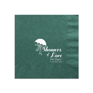 Personalized Honeydew Cocktail Napkin with Shiny Amethyst Foil has a Umbrella with Bow graphic and is good for use in Baby Shower and Bridal Shower themed parties and will make your guests swoon. Personalize your party's theme today.