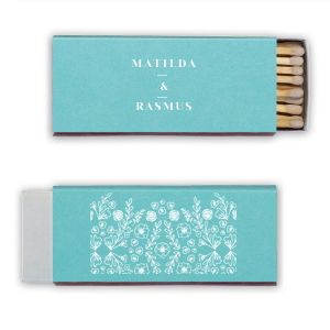 The Cottagecore Floral Matches blend rustic charm with personal sentiment. The couple's first names are showcased, connected by a framed ampersand, symbolizing unity. The reverse side reveals a lush garden motif, rich with flowers, greens, and hidden hearts, evoking a serene, nature-inspired ambiance. 