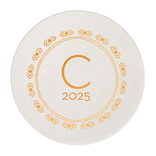 The ever-popular White Round Coaster with Shiny Copper Foil has a Diamond Wreath graphic and is good for use in Aztec, Indie themed parties and can be personalized to match your party's exact theme and tempo.