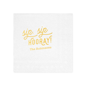 The Retro Sip Sip Napkin design combines whimsy with nostalgia. "sip sip" in an artistic, flourished script evokes a retro feel, while "HOORAY" in bold all-caps exudes celebratory enthusiasm. Below, the family name adds a personal touch to this charming and fun design.