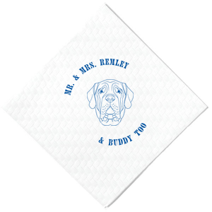 Dog cocktail napkins are the latest wedding trend! Customize this dog wedding napkin with your last name and the name of your dog. Featuring a mastiff graphic. 