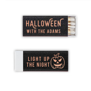 Illuminate your Halloween with the Light Up the Halloween Night Matchbox. One side showcases an eerie pumpkin graphic and the words "Light up the Night," sparking festive thrills. The reverse says "Halloween," with room for personalization—perfect for setting the mood at your spooky gathering! 