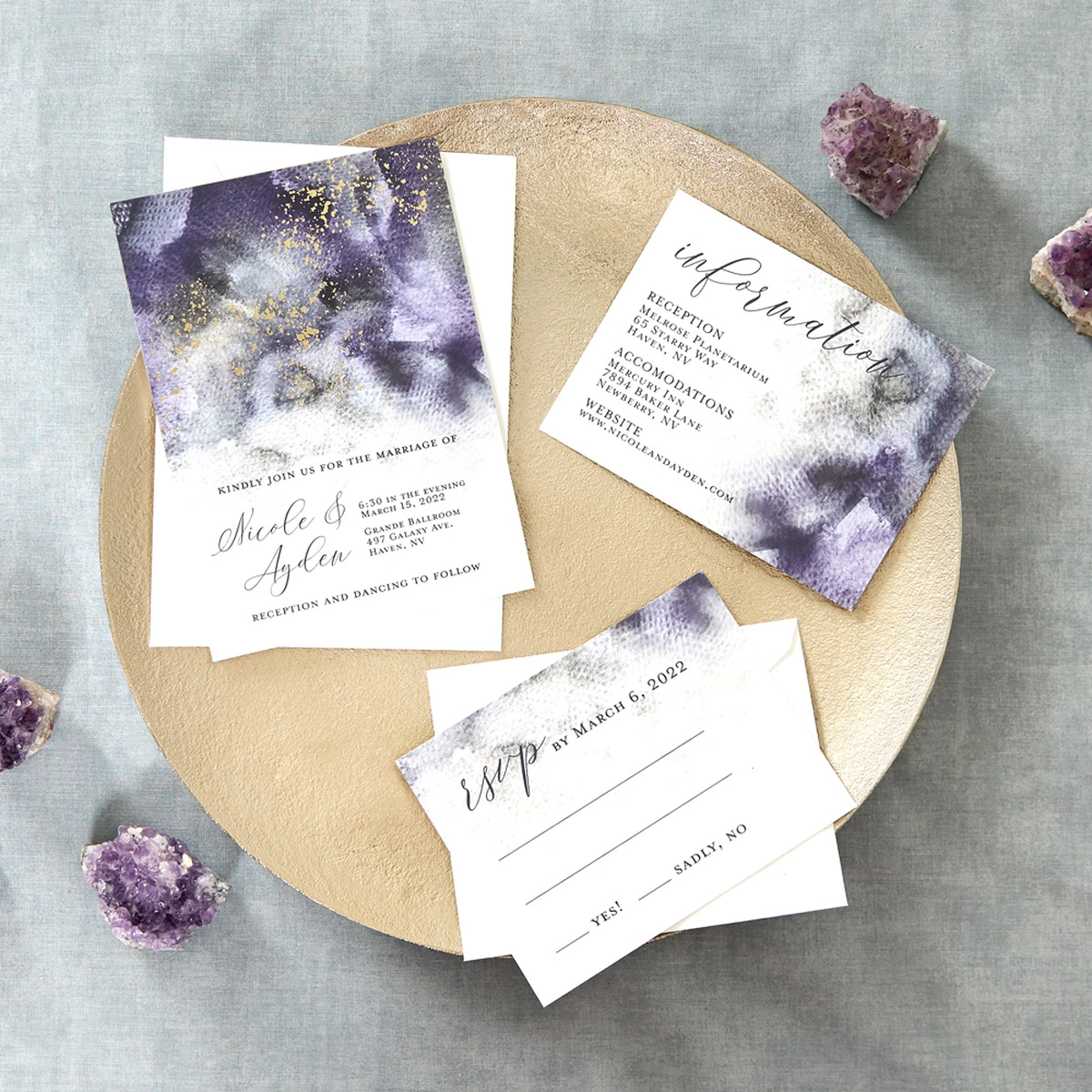 affordable cosmic wedding invitations with purple, black and gold foil