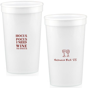 The Hocus Pocus Focus Cup is the ideal custom Halloween party accessory.  Featuring the phrase "hocus pocus I need candy to focus" and a modern and minimal graphic of wine glasses, you can personalize with your name, and the year. This chic Halloween accessory will be a hit at your autumnal events. 