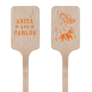 Stir up some festive fun at your anniversary celebration with the Fiesta Forever Anniversary Stir Stick. Adorn one side with a lively graphic of a piñata, sombrero, and confetti, and customize the other with the honored couple's names for a personalized touch to your spirited fiesta.