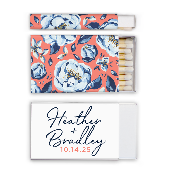 Our custom White Square Custom Photo Matchbox with Matte Light Coral Ink Digital Print Colors and Matte Navy Ink Digital Print Colors will make your guests swoon. Personalize your party's theme today.