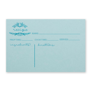Our personalized Poptone Sky Blue Recipe Card with Satin Teal / Peacock Foil has a Rustic Leaf Frame graphic and is good for use in Bridal, Birthday, Wedding themed parties and will look fabulous with your unique touch. Your guests will agree!