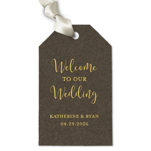 Set the tone for a heartfelt celebration with the Welcome to our Wedding Gift Tag. A warm, inviting script offers a thoughtful greeting, while the couple's names and wedding date clearly printed below add a bespoke detail to guest welcomes.