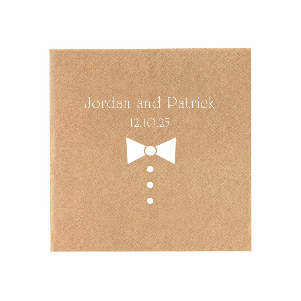 Personalized Kraft Cocktail Napkins - 2 Color with Matte White Foil and Matte Black Foil has a Tux graphic and is good for use in Trendy and Wedding themed parties and will make your guests swoon. Personalize your party's theme today.