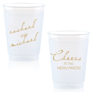 Celebrate love with our Vintage Modern Newlywed Frosted Cup, a perfect blend of classic and contemporary. One side gracefully displays "Cheers to the Newlyweds" in a subtle font, while the other side elegantly features the couple's names. These cups offer a continuous toast to the couple, enhancing the festive spirit of the occasion.