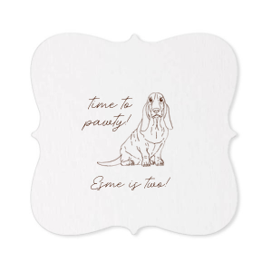 The ever-popular Eggshell Scallop Coaster with Matte NEW Chocolate Foil has a Basset Hound graphic and is good for use in Animals themed parties and can't be beat. Showcase your style in every detail of your party's theme!