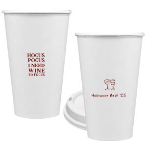 The Hocus Pocus Focus Cup is the ideal custom Halloween party accessory.  Featuring the phrase "hocus pocus I need candy to focus" and a modern and minimal graphic of wine glasses, you can personalize with your name, and the year. This chic Halloween accessory will be a hit at your autumnal events. 