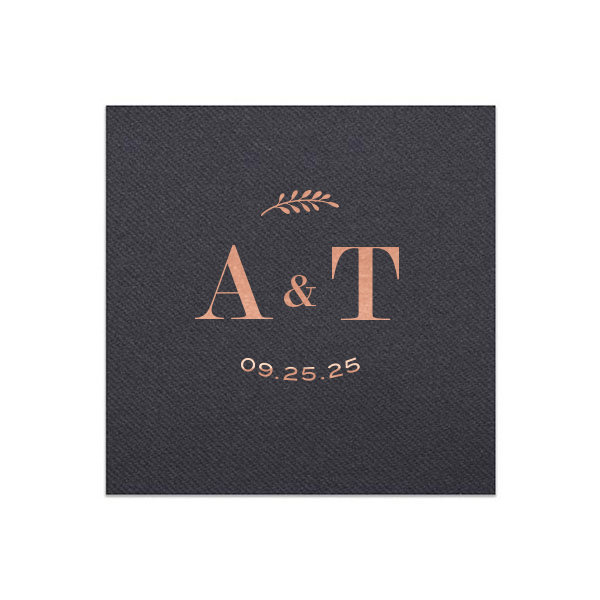 Set the scene for sophisticated celebration with the Contemporary Leaf Monogram Wedding Napkin, featuring sleek initials, a single leaf motif, and the special date, all combining for a chic, memorable accent to your event's décor.