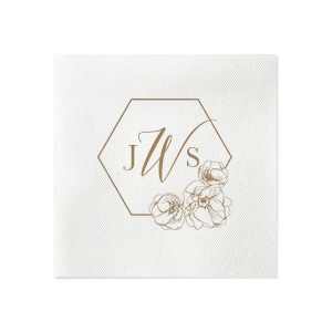 The Hex Elegance Napkin features a stylish hexagon frame enclosing a three-letter monogram, with the middle initial in prominent elegant script. Adorned with three lush flowers along the bottom, this design exudes sophistication and style, perfect for adding a personalized, artistic touch to any event.