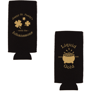 Our personalized Lime Round Can Cooler with Gold Ink Screen Print has a Clovers graphic and a Pot 'O Gold graphic and is good for use in St. Patricks Day themed parties and can be customized to complement every last detail of your party.